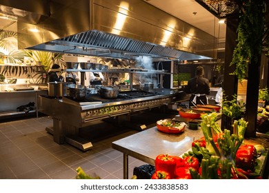 Bustling restaurant kitchen with chefs at work, vibrant vegetables in the foreground, and a modern culinary setting - Powered by Shutterstock