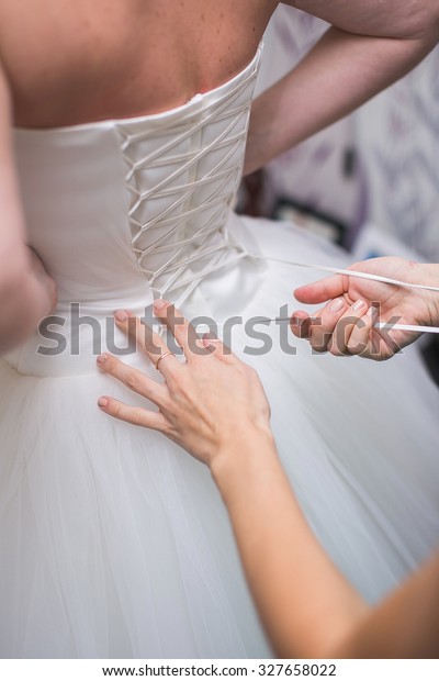Bustling Wedding White Dress Hands Stock Photo Edit Now 327658022