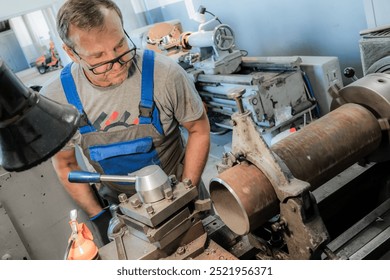 In a bustling workshop, a technician operates machinery with focused attention, illustrating the intricacies and hands-on skill involved in industrial or mechanical labor. - Powered by Shutterstock