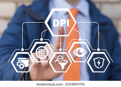 Busunessman using virtual touch screen presses acronym: DPI. Concept of DPI Deep Packet Inspection Digital Data Web Control. Digital control and surveillance.
