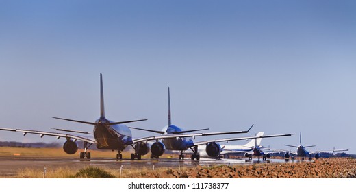 Busy Airport Airfield Runway With Group Of Airplanes Queueing To Departure Heavy Air Traffic