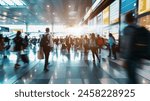 Busy airport or metro station with walking blurred defocused people ideal for travel concept