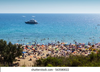 Busy beach at Golden Bay, Malta, June 2016