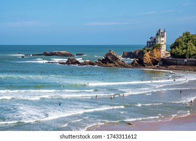 Busy Beach In The Resort Town Of Biarrtiz, France