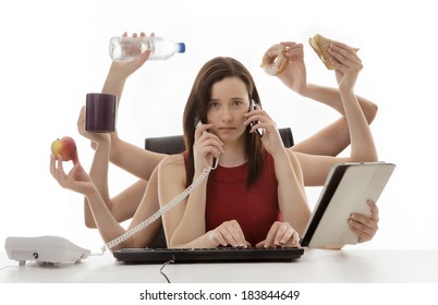 Busy Business Woman Multitasking In The Office With Ten Arms