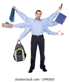 busy businessman over a white background - 6 arms showing all the tasks he has to do