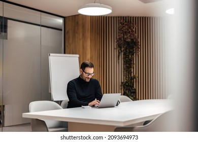 Busy Caucasian Man, Working Hard In His Quiet Office.