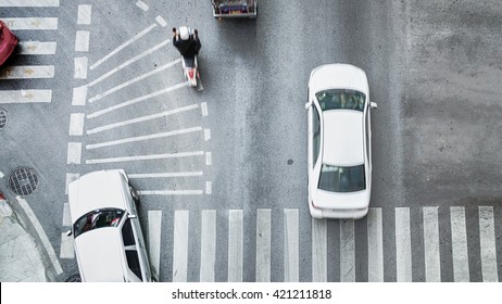 Busy City Car Are Passing Pedestrian Crossing On Traffic Road (Aerial Photo, Top View)