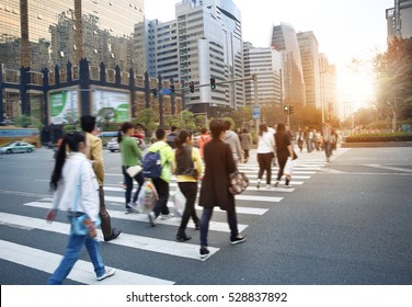 Busy City People Crowd On Zebra Crossing Street