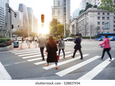 Busy City People Crowd On Zebra Crossing Street