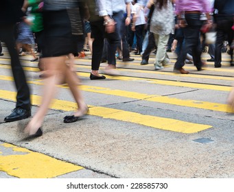 Busy City People On Zebra Crossing Street In Hong Kong, China.