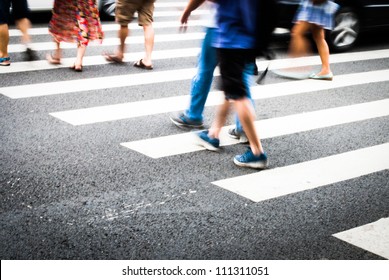 Busy City Street People On Zebra Crossing