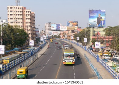 Busy City Street Slow Evening Rush Hour Traffic Movement Flow Smooth On Dhakuria Bridge Flyover One Of The Busiest Area In Calcutta. Kolkata, West Bengal, India South Asia Pacific, January 2020