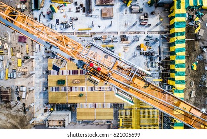 Busy Construction Site and Construction Equipment Aerial Photo