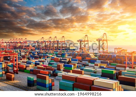 The busy container port and natural scenery in Shanghai, China