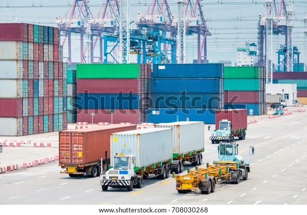 busy container terminal closeup, brisk trade and\
economic growth concept