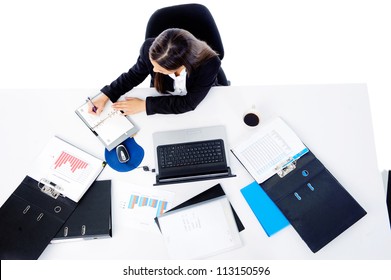 Busy Corporate Businesswoman Entrepreneur Working At Her Desk Isolated On White Background