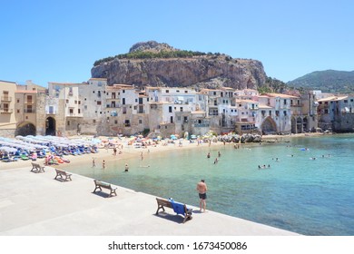 Busy Day At Cefalù Beach, With Lots Of People Around