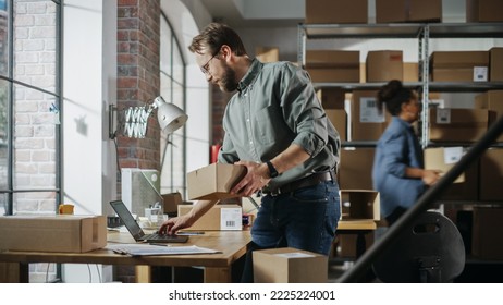 Busy Day At Warehouse. Multicultural Employees At Work In Retail Shop's Storeroom. Small Business Owners Working On Laptop, Preparing And Packing Parcels For Delivery.