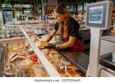 In a busy deli, an employee skillfully slices various cheeses, showcasing the finest artisanal products - Powered by Shutterstock