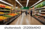 A busy grocery store with bright produce aisles, shoppers moving about in a typical shopping environment. Ideal for supermarket or retail-related themes