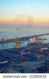 busy harbor in barcelona, full of containers - Shutterstock ID 1110533153