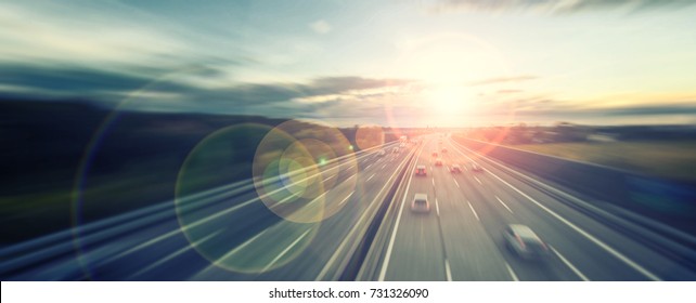 Busy Highway Traffic At Sunset Time 