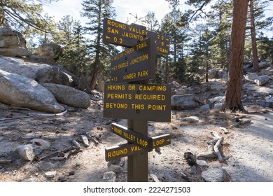 Busy hiking trail sign at San Jacinto State Park in the San Jacinto Mountains above Palm Springs, California.   - Shutterstock ID 2224271503
