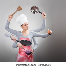 Busy Housewife Concept With Many Hand On Grey Background