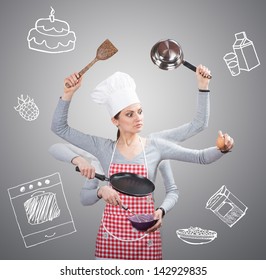 Busy Housewife Concept With Many Hands And With The Drawn Ingredients On Grey Background