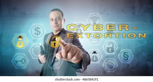 Busy Looking Private Detective With Kind Face Investigating CYBER EXTORTION In A Vigorous Gesture. Information Technology Concept For A Threat To Exploit A Security Leak And Demands For Ransom Money.