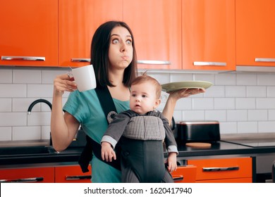 Busy Multitasking Mom With Baby, Coffee Mug And Dishes. Tired Mother Needing Caffeine To Do The Household Chores
