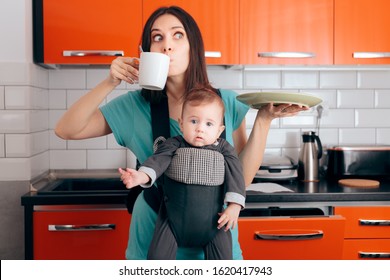 Busy Multitasking Mom with Baby, Coffee Mug and Dishes. Tired mother needing caffeine to do the household chores
 - Shutterstock ID 1620417943