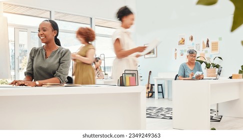 Busy office, fast coworking and women in fashion for work in retail or creative industry. Team, business and diversity speed at a company with employees or female designers in a workspace for design - Powered by Shutterstock