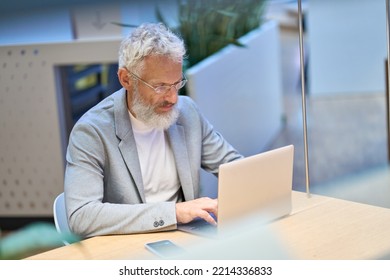 Busy Older Senior Business Man Office Worker Executive Using Laptop Sitting At Work Desk. Mature Bearded Professional Businessman Software Engineer Working On Computer With Corporate Data Operations.