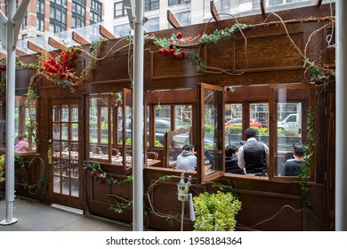 Busy Outdoor Restaurant During Covid Outbreak. Restaurants Started Serving Meals Outdoors Due To Pandemic Dining Rules.