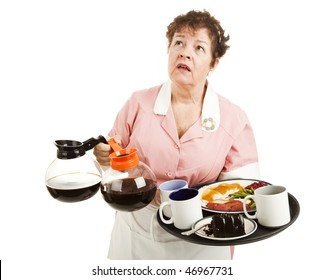 Busy Overworked Waitress Carrying Her Tray And Coffee Pots.  Isolated On White.