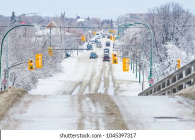 Busy Road Shutdown By Snow In Winnipeg Canada