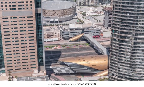 Busy Sheikh Zayed Road Traffic Aerial Timelapse, Exit From Metro Station And Modern Skyscrapers Around In Near Dubai City Walk District, United Arab Emirates