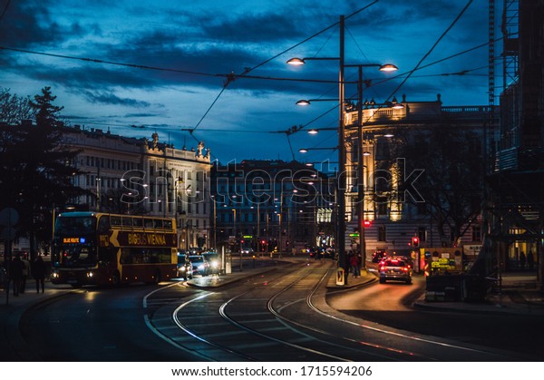 Busy street\
in Vienna at night on February 15\
2020
