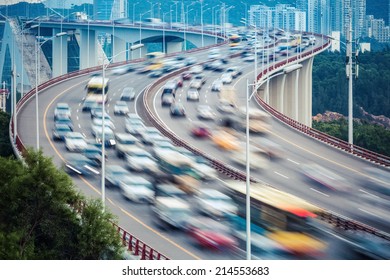 Busy Traffic Closeup On Xiamen Haicang Bridge And Vehicles Motion Blur 