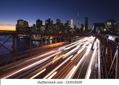 Busy Traffic In New York City, Manhattan, Brooklyn Bridge 