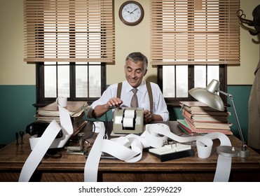 Busy Vintage Accountant With Adding Machine Surrounded By Cash Register Tape.