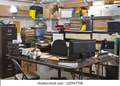 Busy Warehouse Office Shipping And Receiving Department Desk.