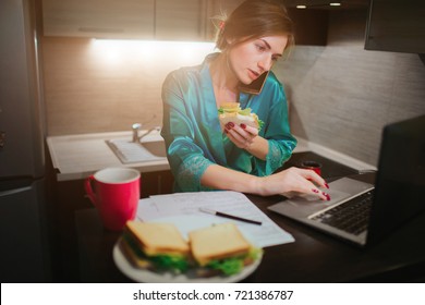 Busy Woman Eating, Drinking Coffee, Talking On The Phone, Working On Laptop At The Same Time. Businesswoman Doing Multiple Tasks. Multitasking Business Person. Freelancer Works At Night.