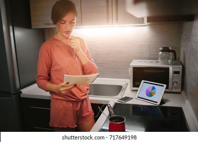 Busy Woman Preparing Coffee, Talking On The Phone, Working On Tablet At The Same Time. Businesswoman Doing Multiple Tasks. Multitasking Business Person. Freelancer Works At Night.