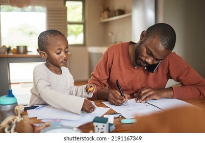 Busy, Working And Multitasking Father Talking On Phone, Writing On Paperwork And Networking Single Dad Sits With Son. Adorable, Little And Cute Boy Playing While Freelancer Parent Works From Home