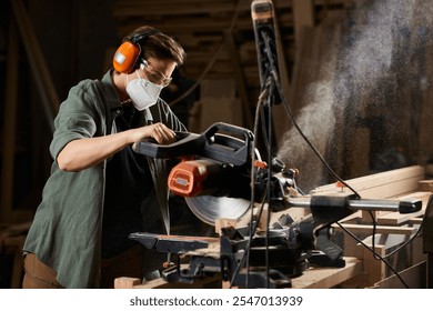 In a busy workshop, a female carpenter focuses intently on her woodwork, showcasing craftsmanship and precision. - Powered by Shutterstock