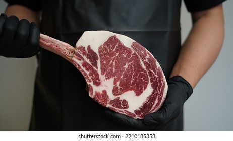 A Butcher With Black Apron And Black Rubber Gloves Is Holding Tomahawk MB5+ Steak With Hands