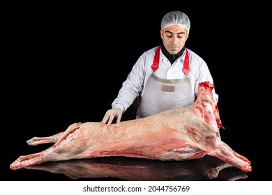 Butcher carrying lamb carcass. Professional male butcher cutting lamb carcass in butcher shop Raw meat. Free space for text. - Powered by Shutterstock